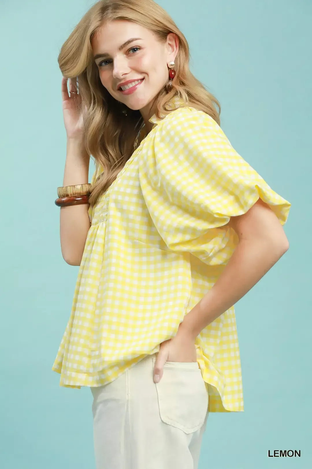 Umgee Smocked Yoke Puff Sleeve Gingham Blouse Secondary image