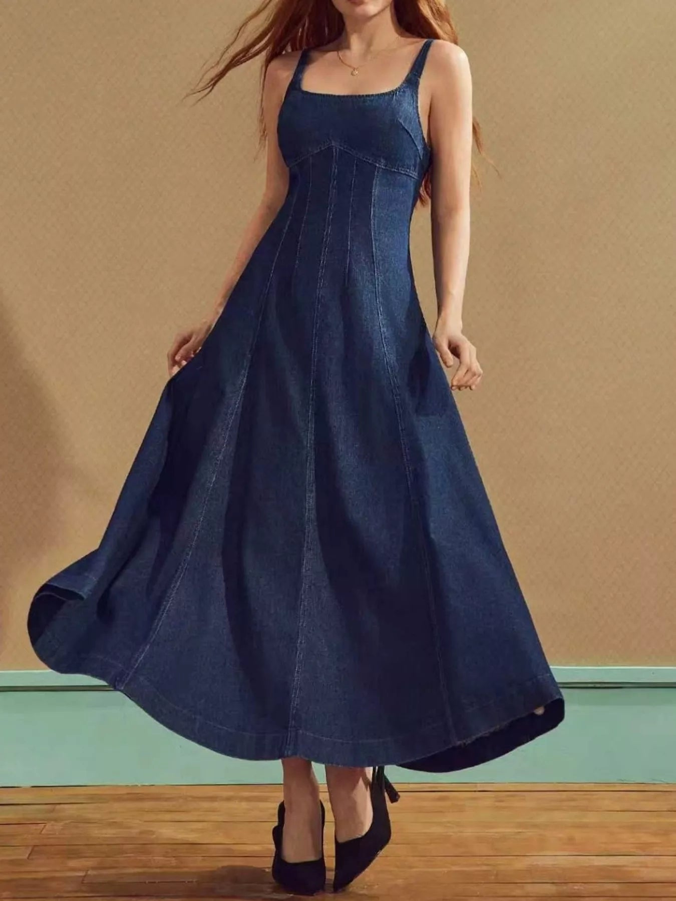 Square Neck A-Line Denim Dress Secondary image