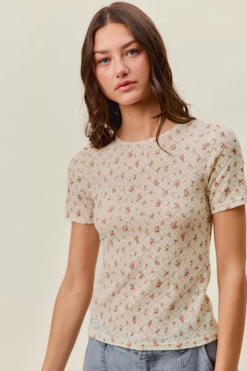 SO ME Floral Print Lace Short Sleeves Layering Knit Top Secondary image
