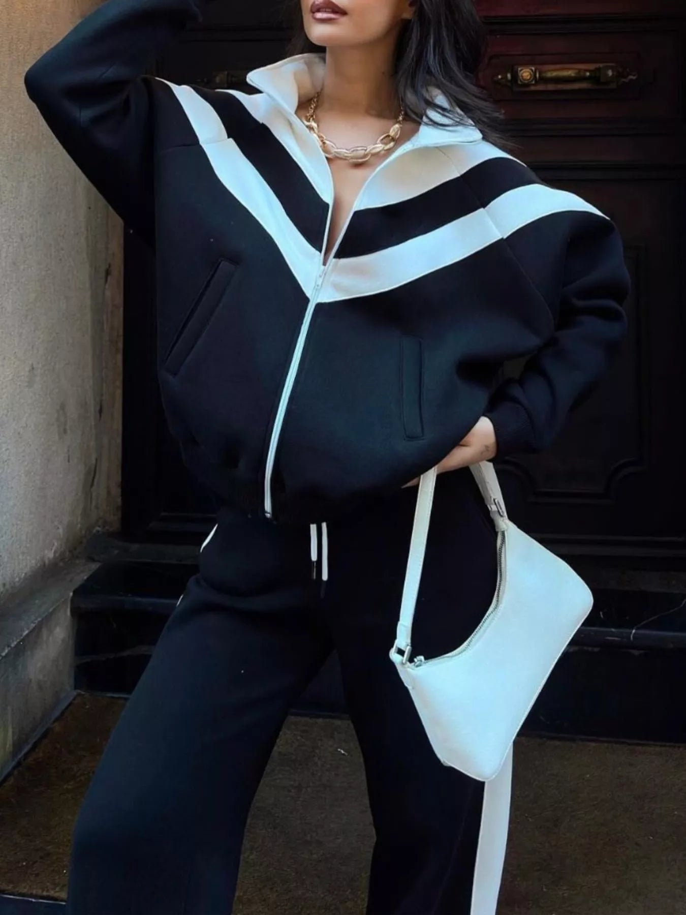 Color Block Zip-Up Outerwear and Pants Set Secondary image