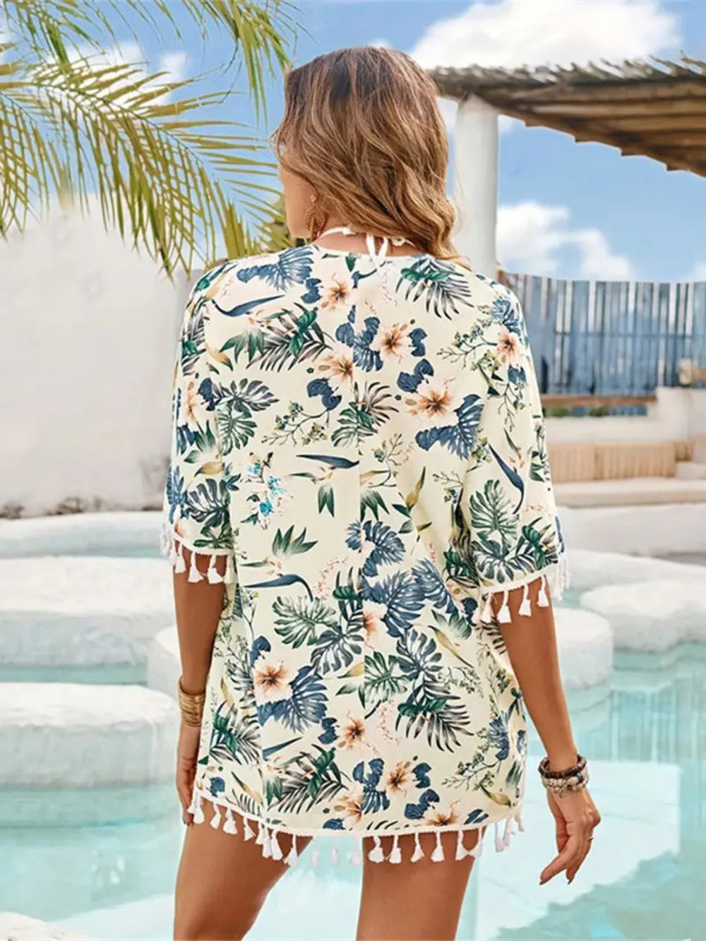 Tassel Printed Open Front Half Sleeve Cover-Up Secondary image