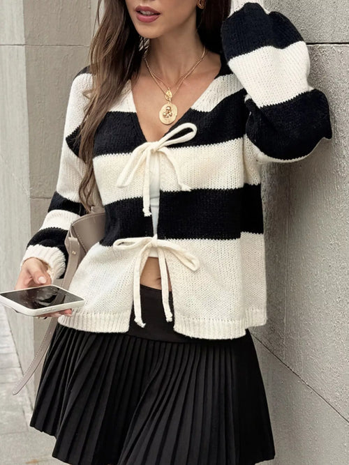 Striped Tie-Front Knit Cardigan