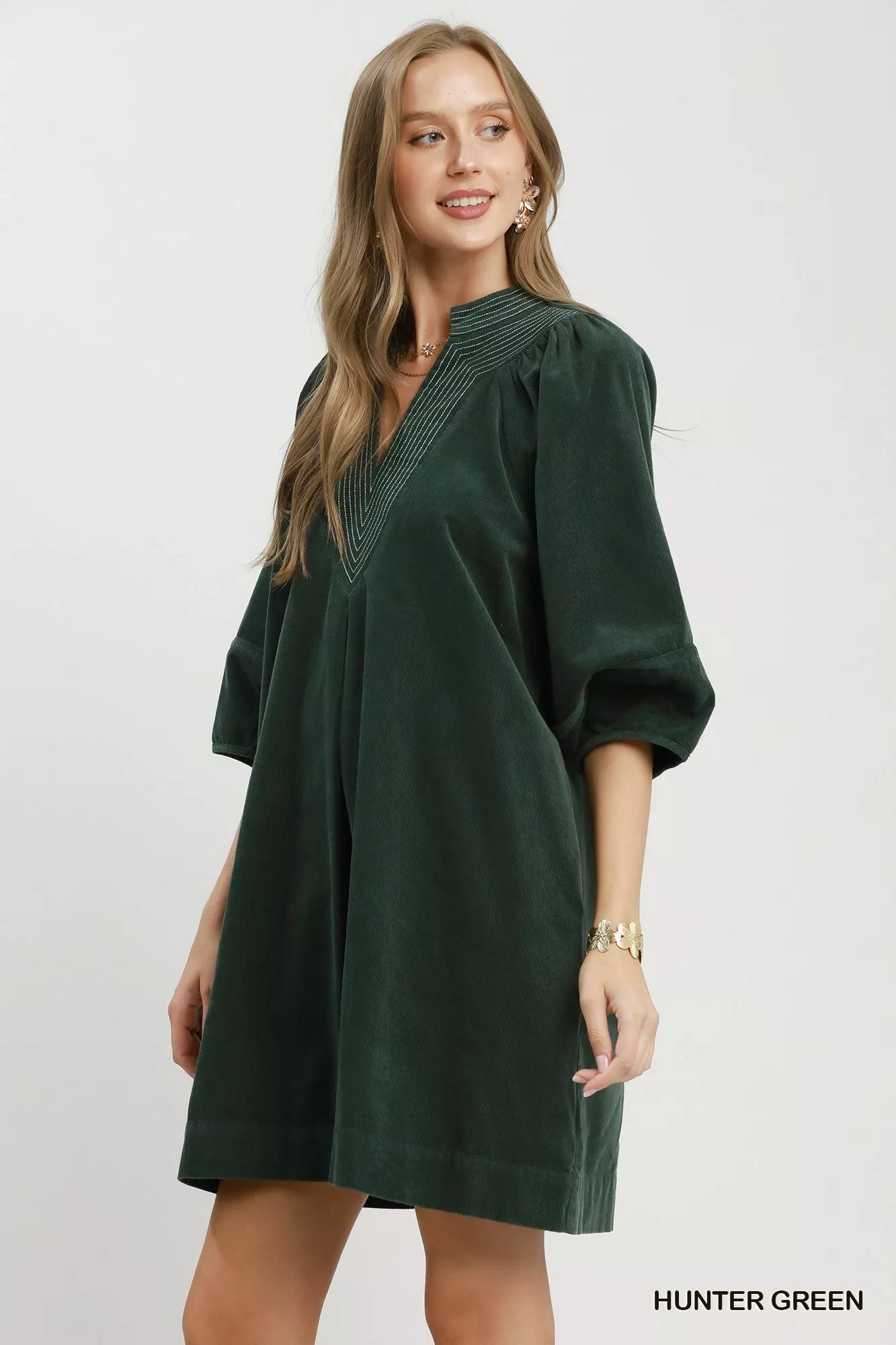 Umgee Corduroy V-Neck Puff Sleeve Shift Dress with Pockets Secondary image