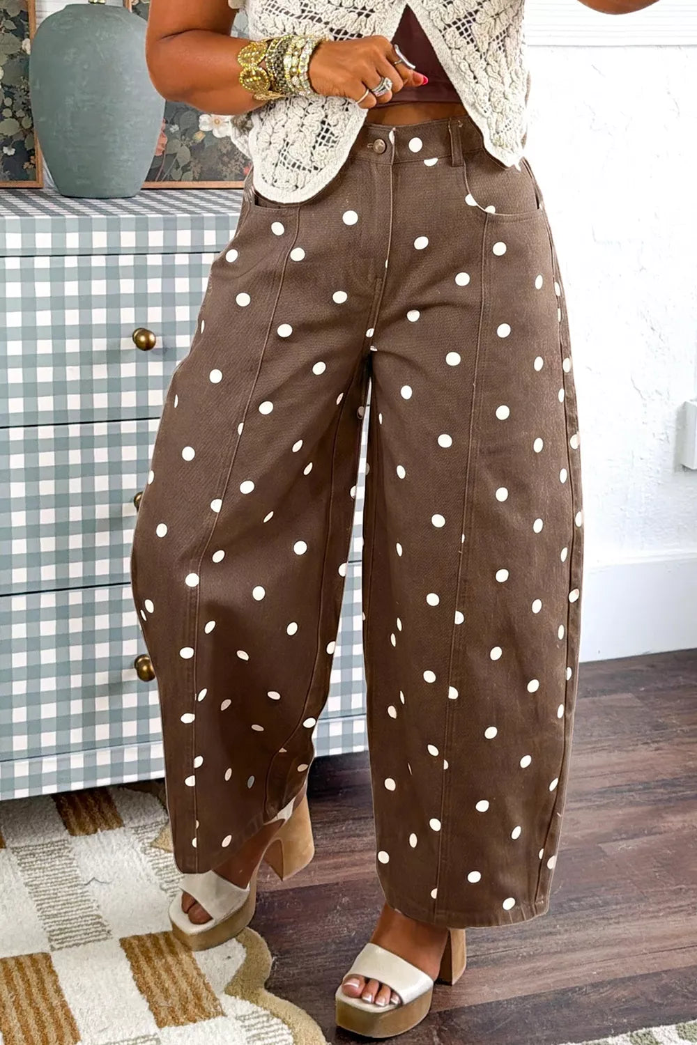 Tailored Seam Polka Dot Print Barrel Casual Jeans Secondary image