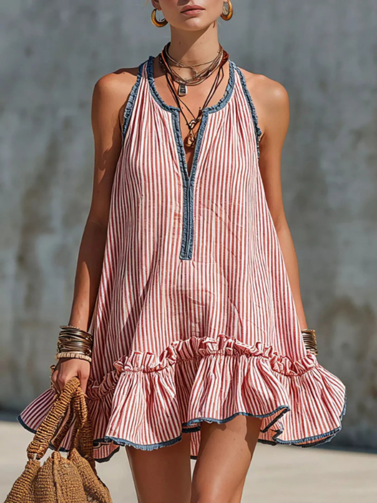 Striped Ruffle Hem Mini Dress - photo 1