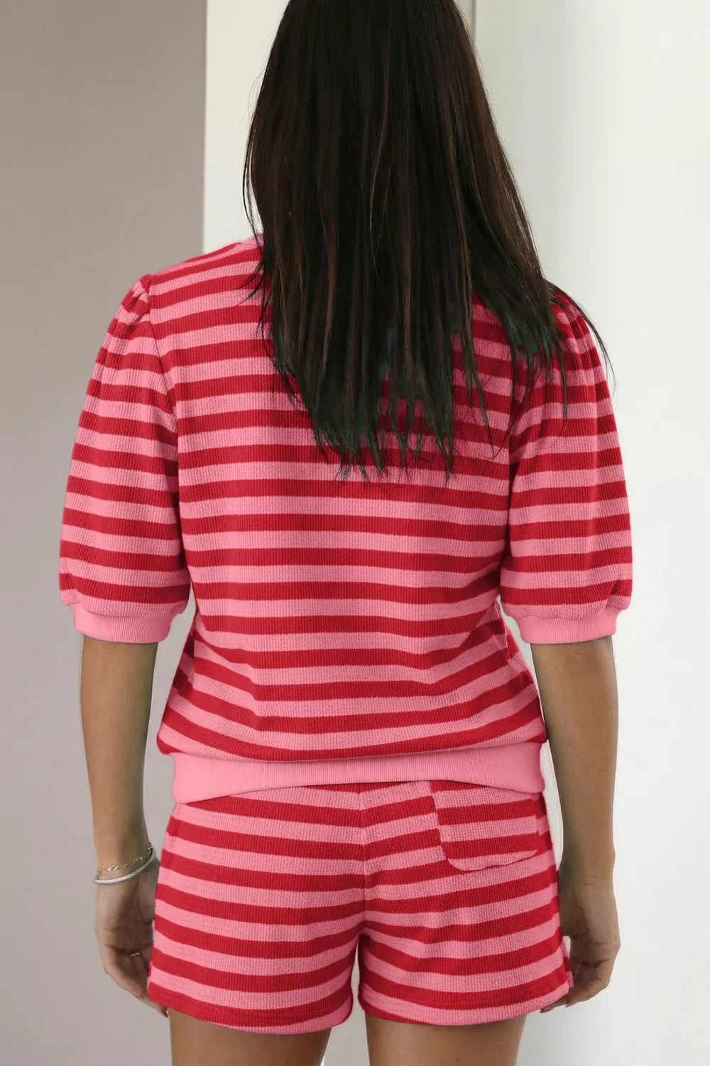 Striped Round Neck Top and Shorts Set Secondary image