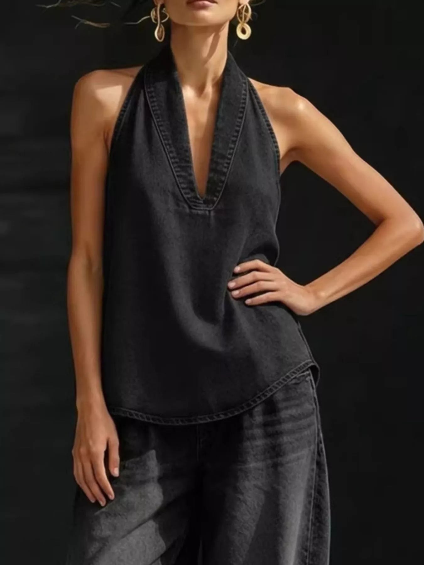 Full Size Halter Neck Top and Wide Leg Pants Plus Size Secondary image