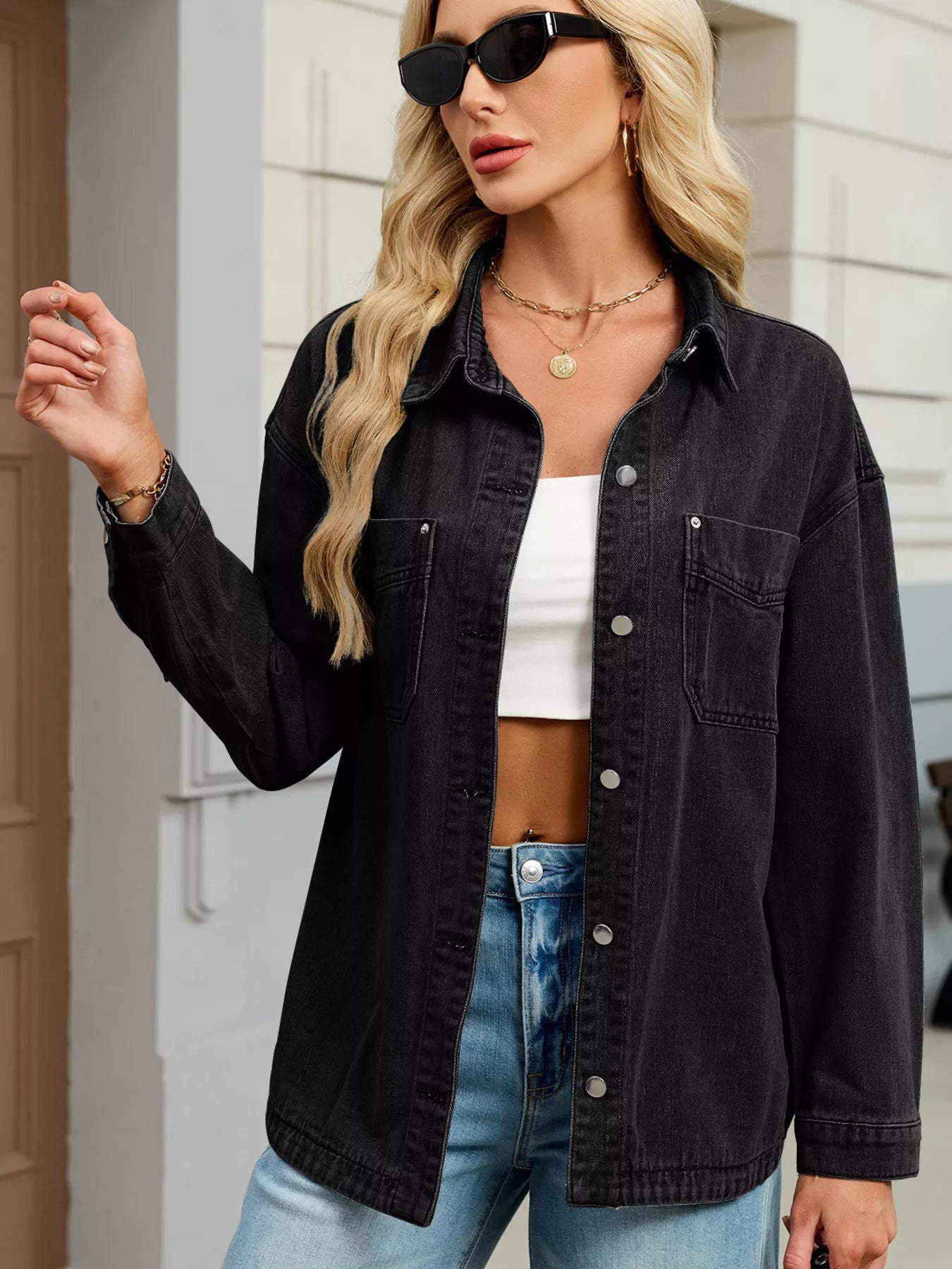 Button Up Dropped Shoulder Denim Jacket Secondary image