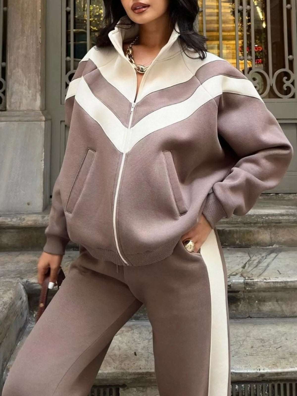 Color Block Zip-Up Outerwear and Pants Set - photo 9