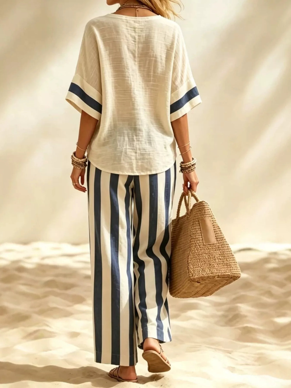 Full Size Striped Half Sleeve Top and Pants Set Plus Size - photo 3
