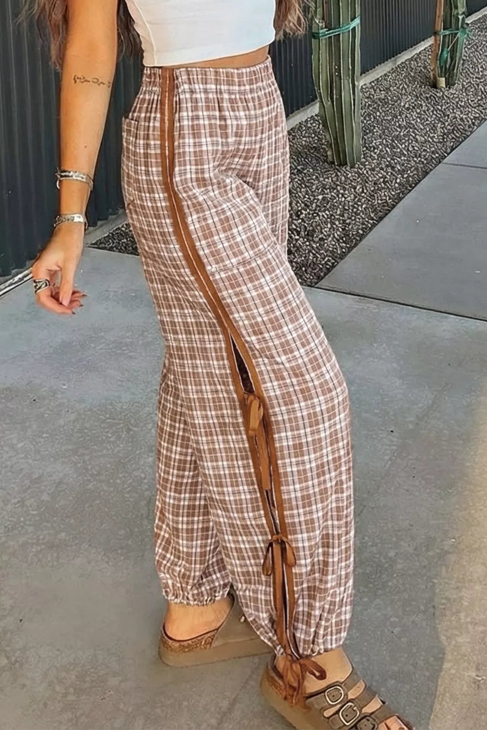Plaid Print Tie Detail Casual Pants Secondary image