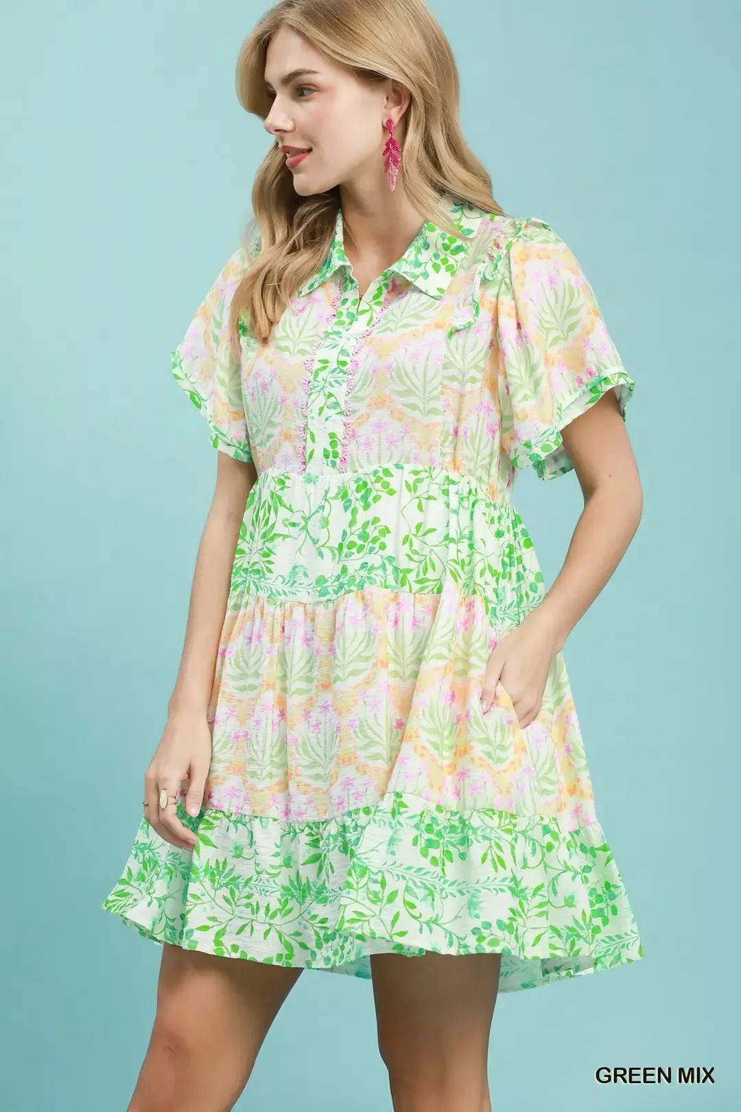 Umgee Mixed Floral Tiered Mini Dress with Flutter Sleeves Secondary image