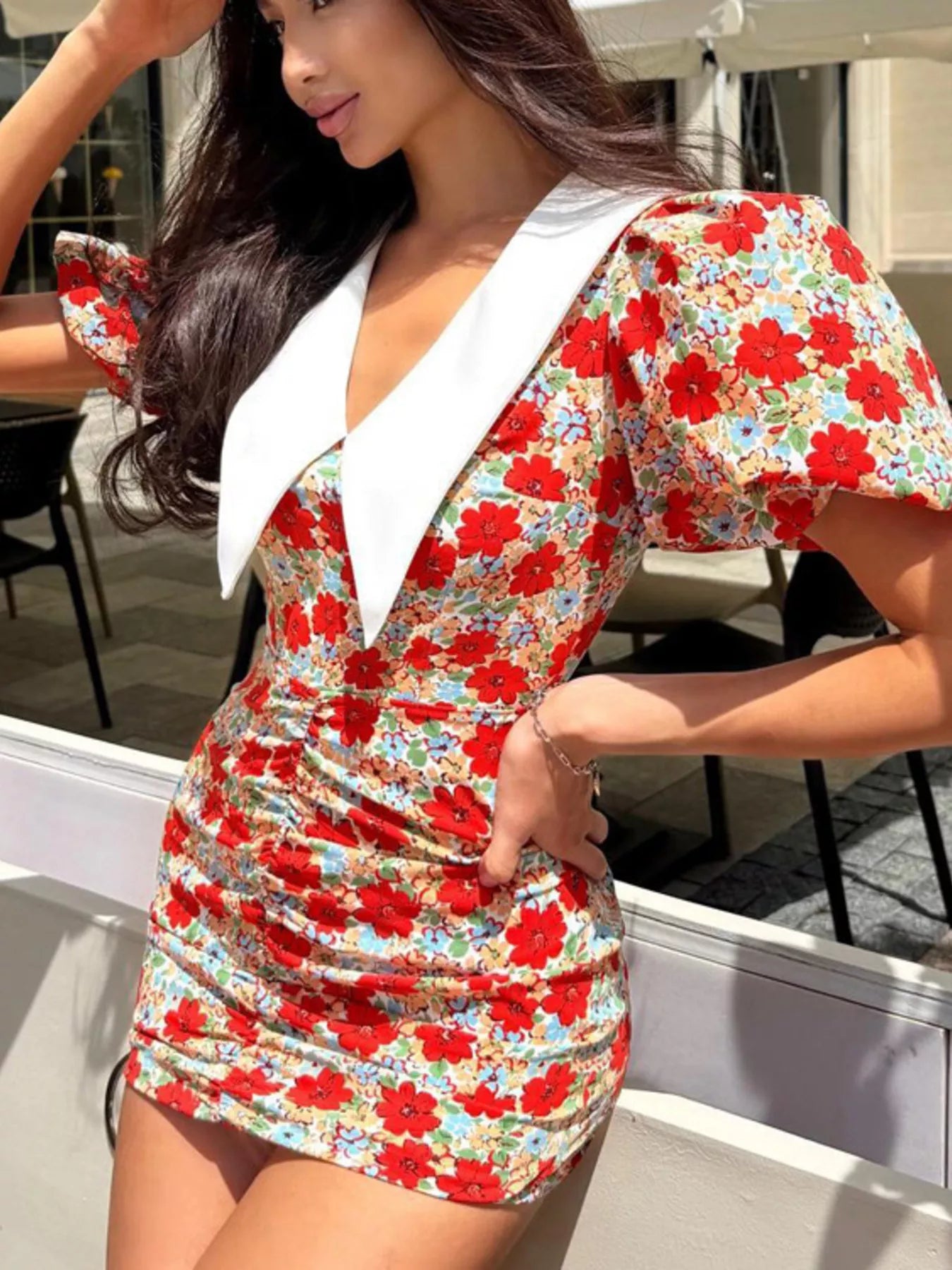 Ruched Floral Print Puff Sleeve Mini Dress Secondary image