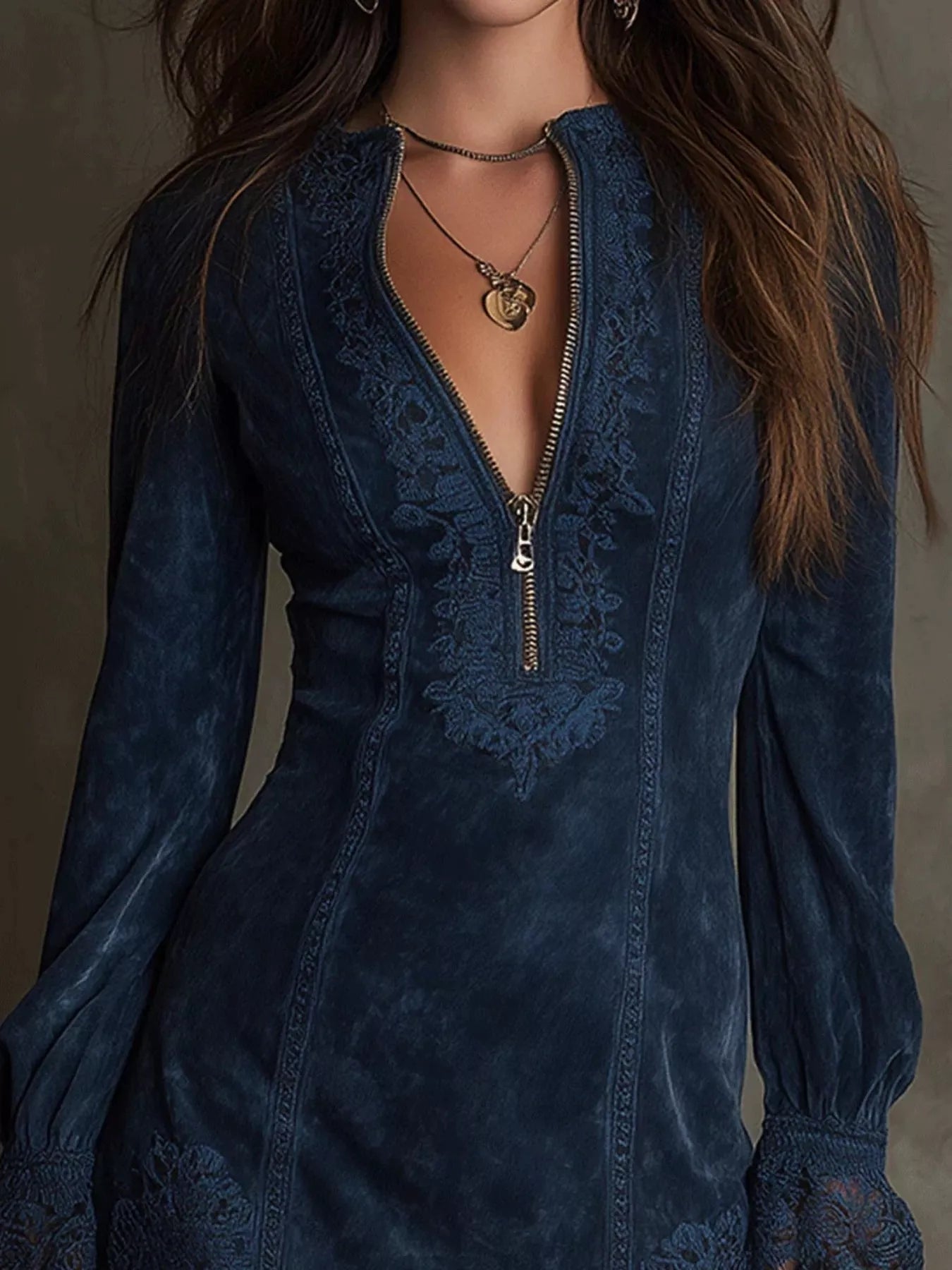 Full Size Zip-Front Long Sleeve Mini Dress Plus Size Secondary image
