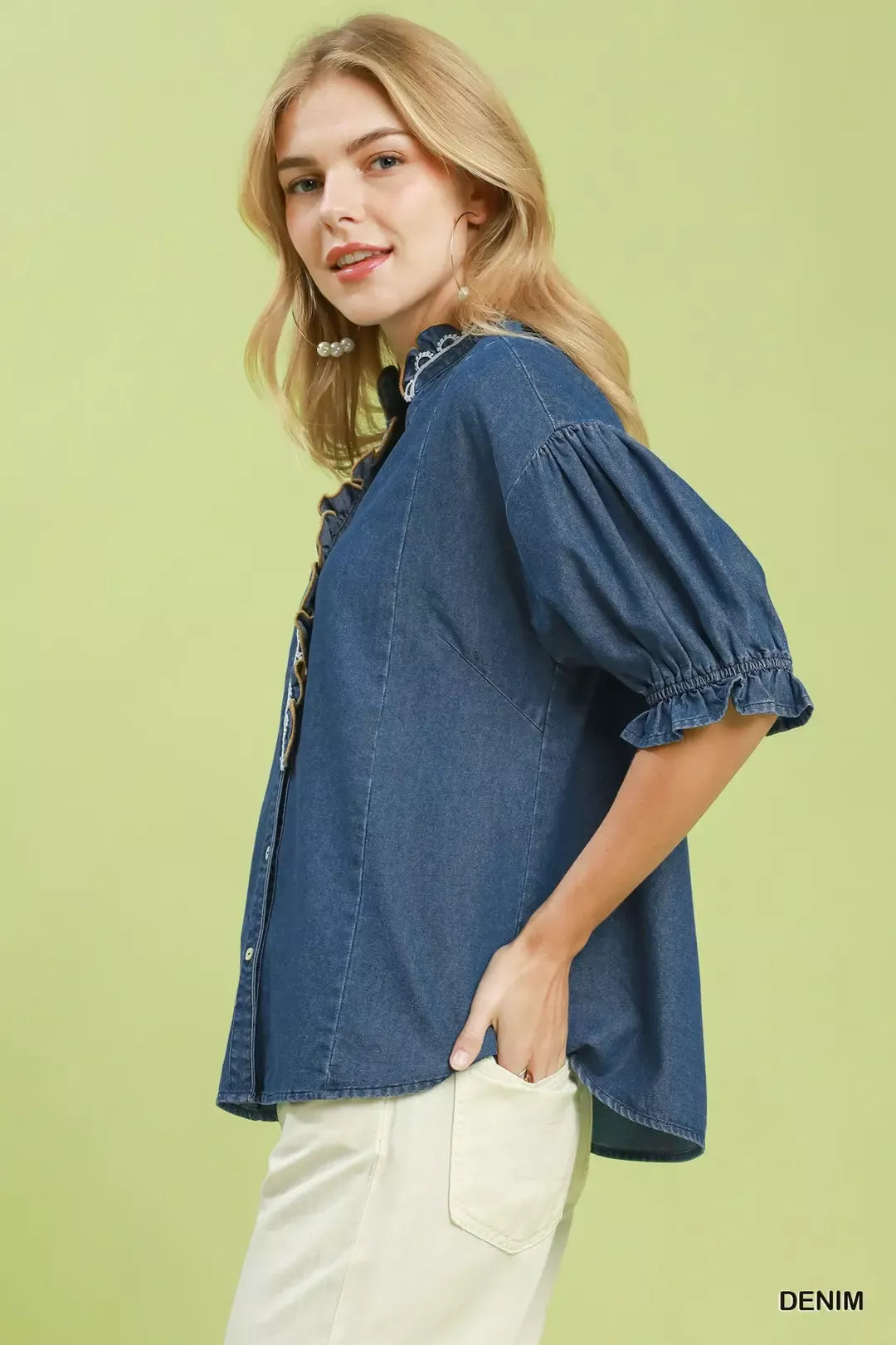 Umgee Chambray Scalloped Trim Button Front Blouse Secondary image