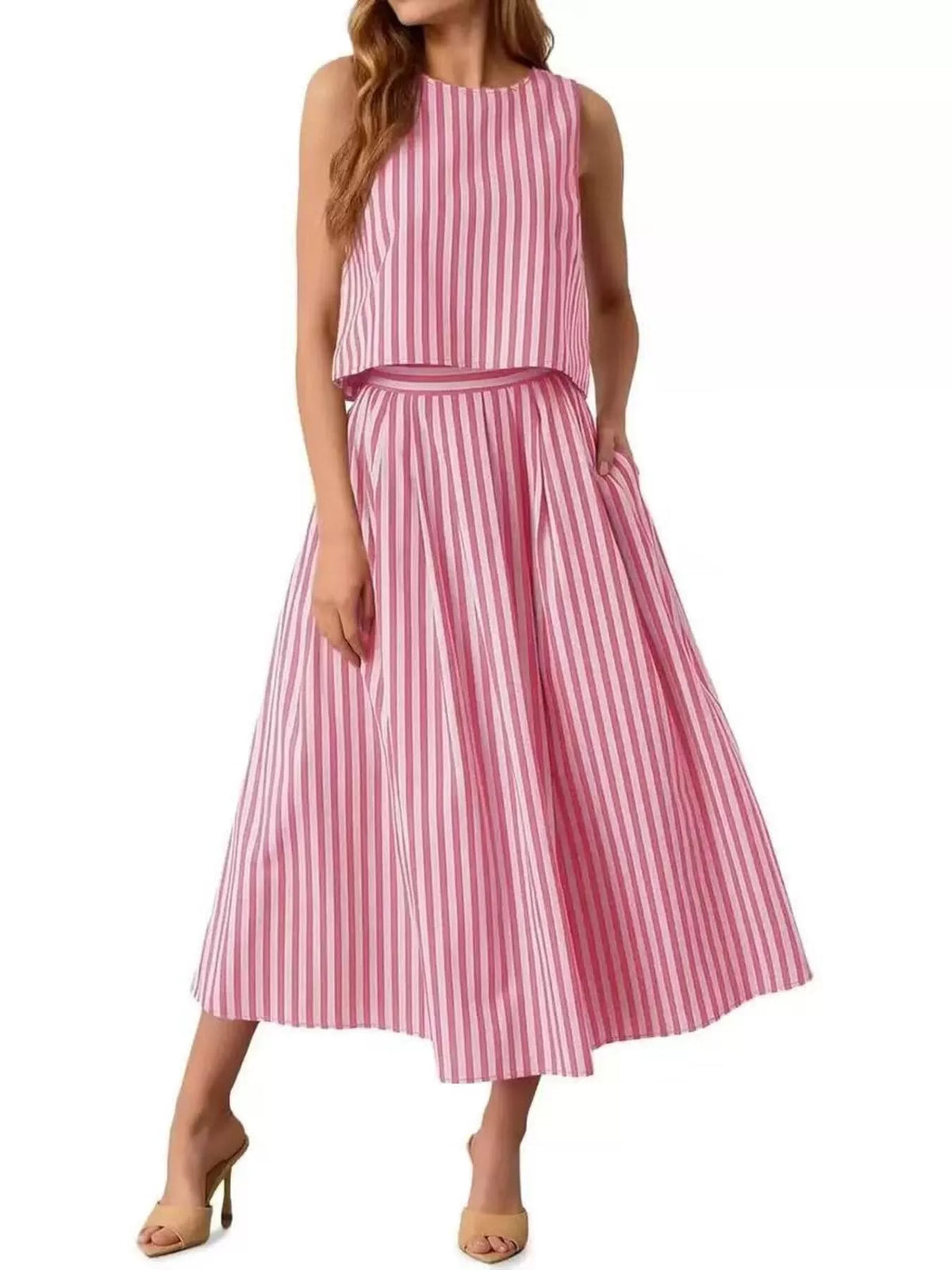 Striped Sleeveless Top and Midi Skirt Two-Piece Set - photo 2