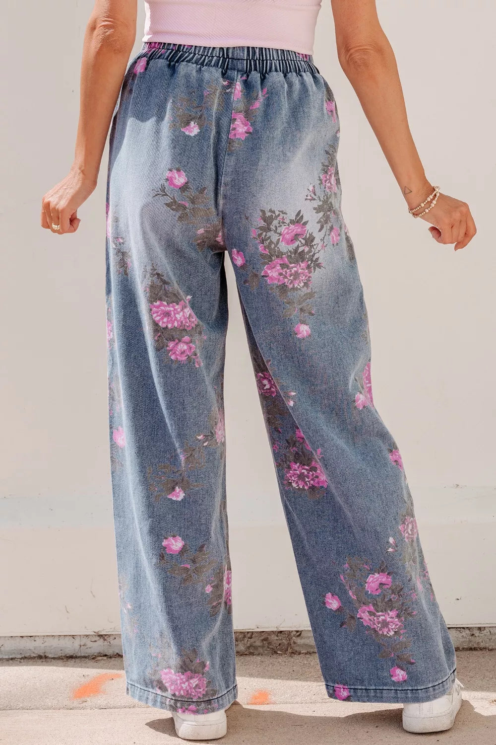 Floral Print Wide Leg Elastic Waist Jeans Secondary image