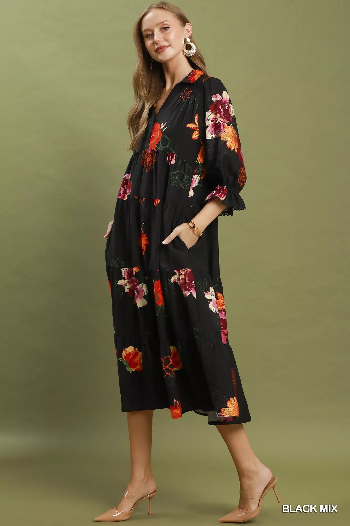Umgee Floral Print Tiered Midi Dress with Puff Sleeves Secondary image