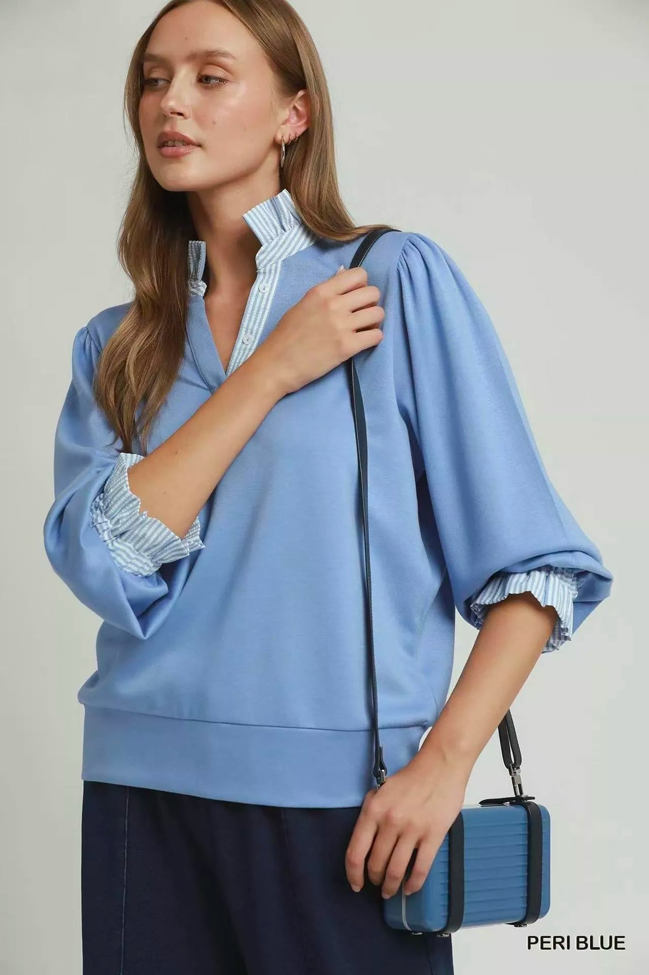 Umgee Stripe Ruffle Neck Long Sleeve Top Secondary image