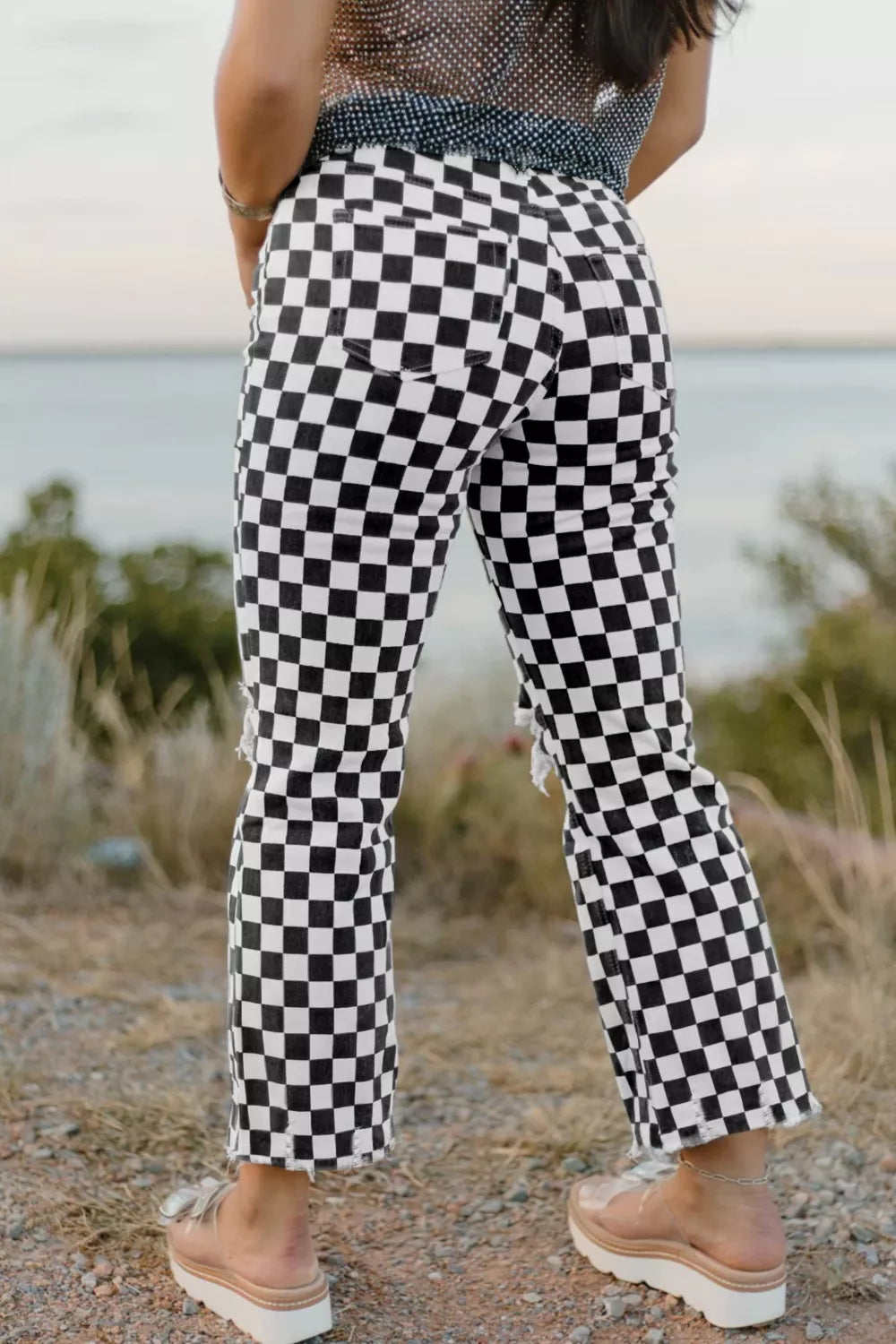Checkerboard Print Distressed Holes Raw Edge Cropped Jeans Secondary image