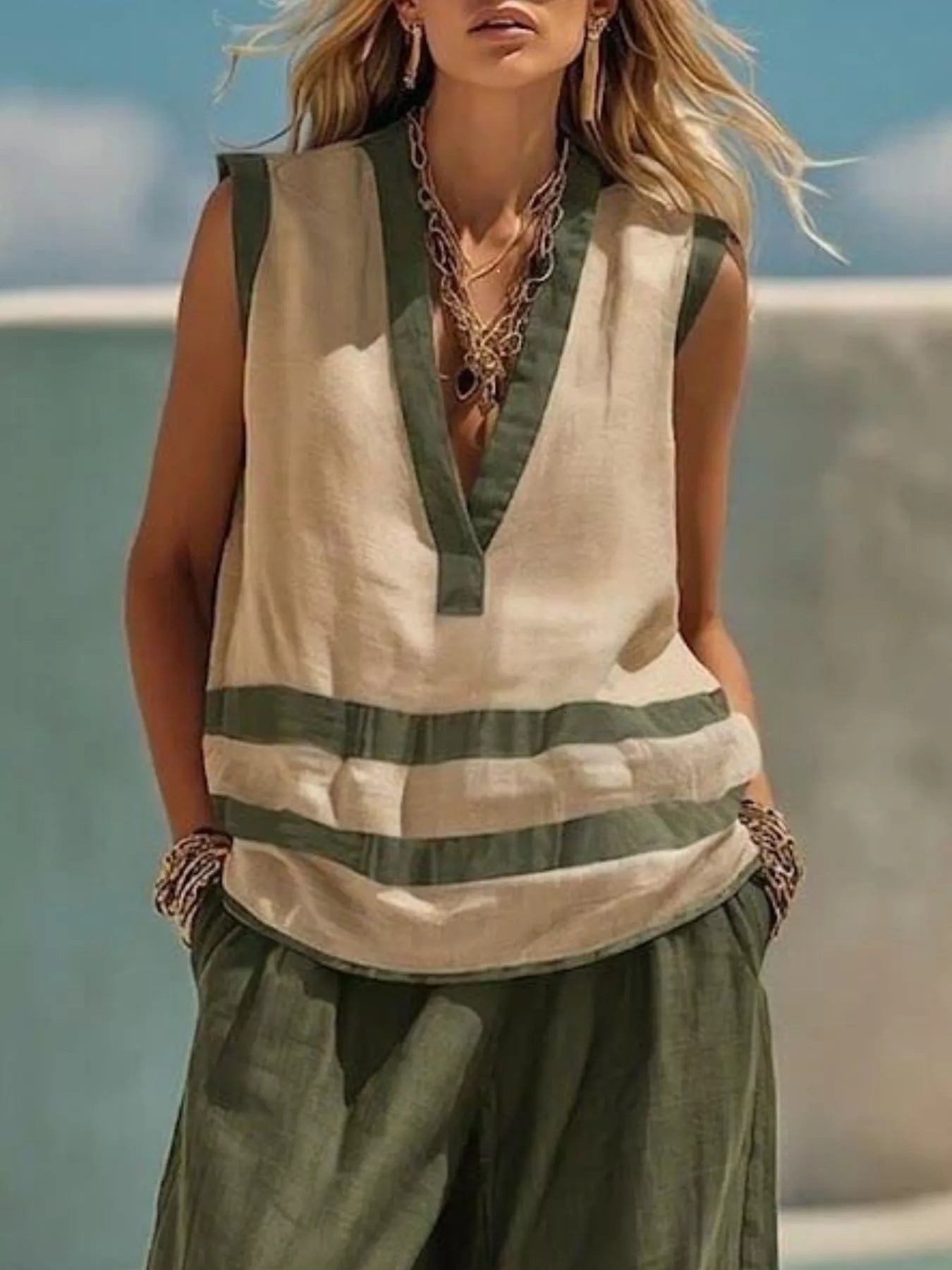 Striped Sleeveless Top and Wide-Leg Pants Set Secondary image