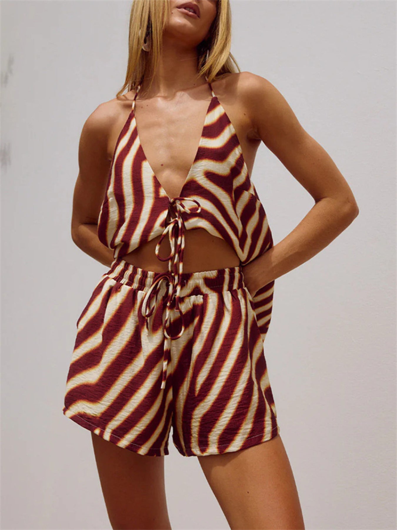 Zebra Print Halter Neck Top and Shorts Set Secondary image