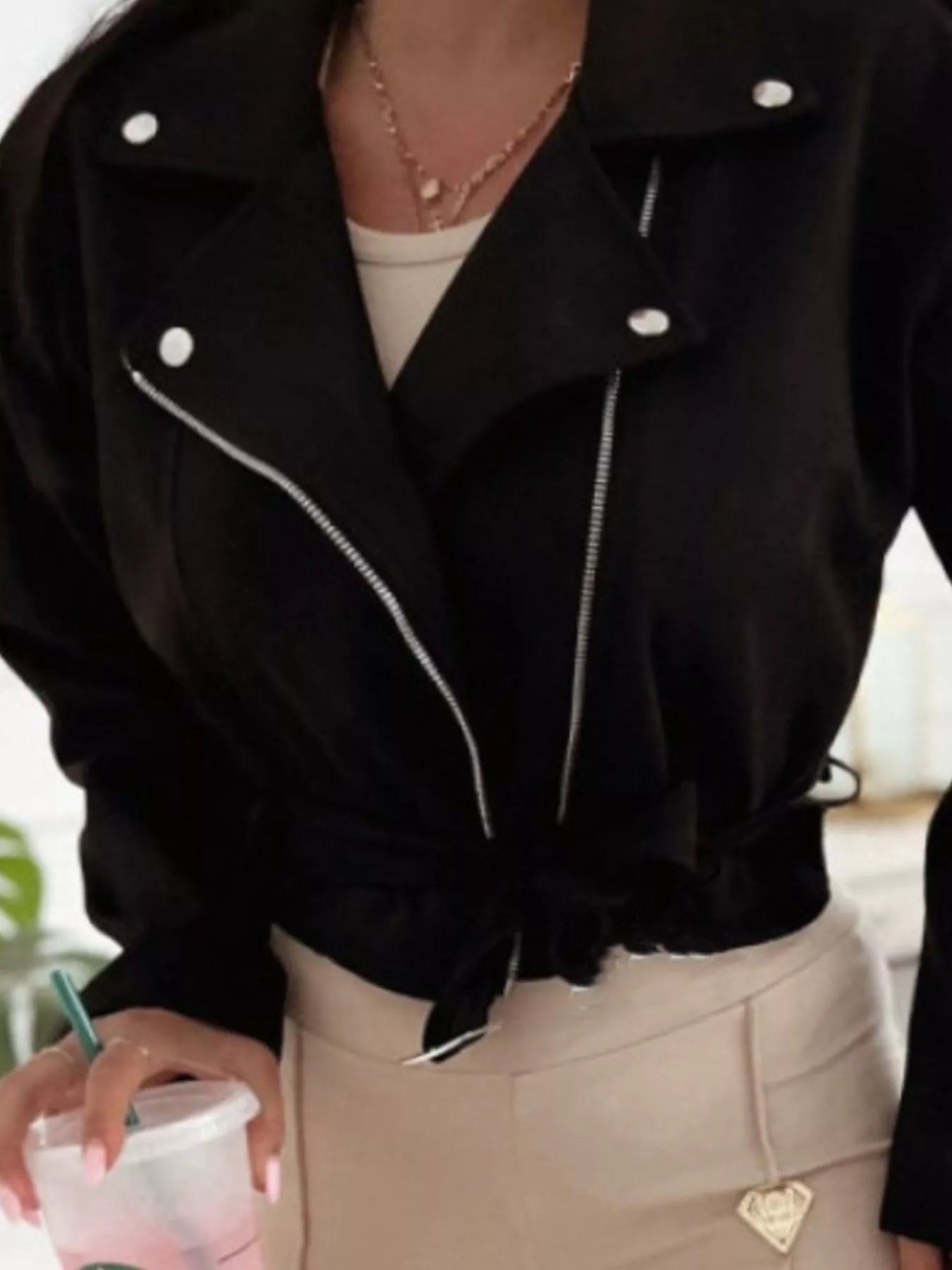 Cropped Biker Jacket with Belt Detail Secondary image