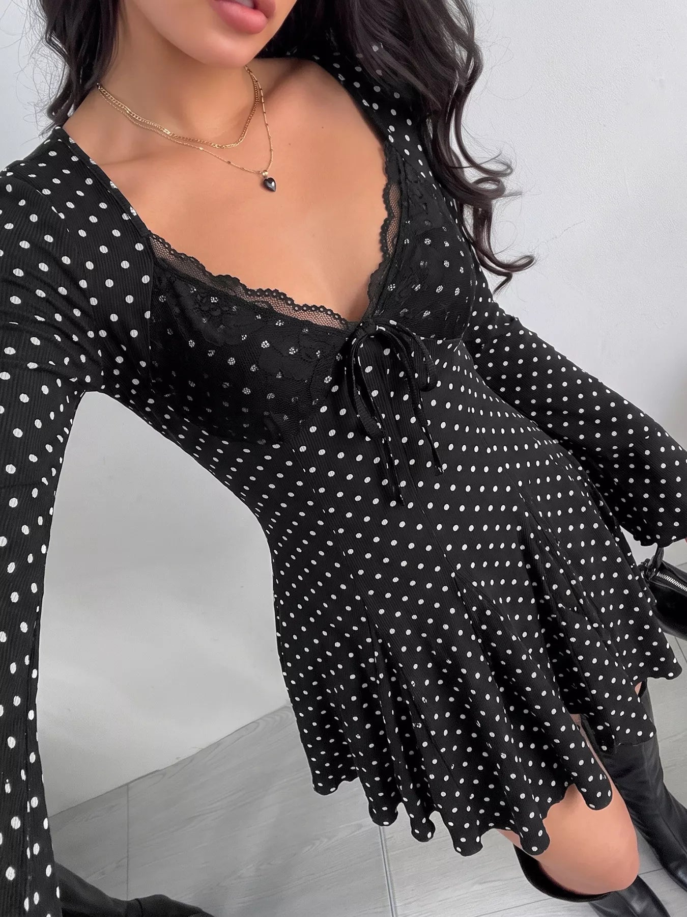 Polka Dot Lace Trimmed V-Neck Mini Dress Secondary image