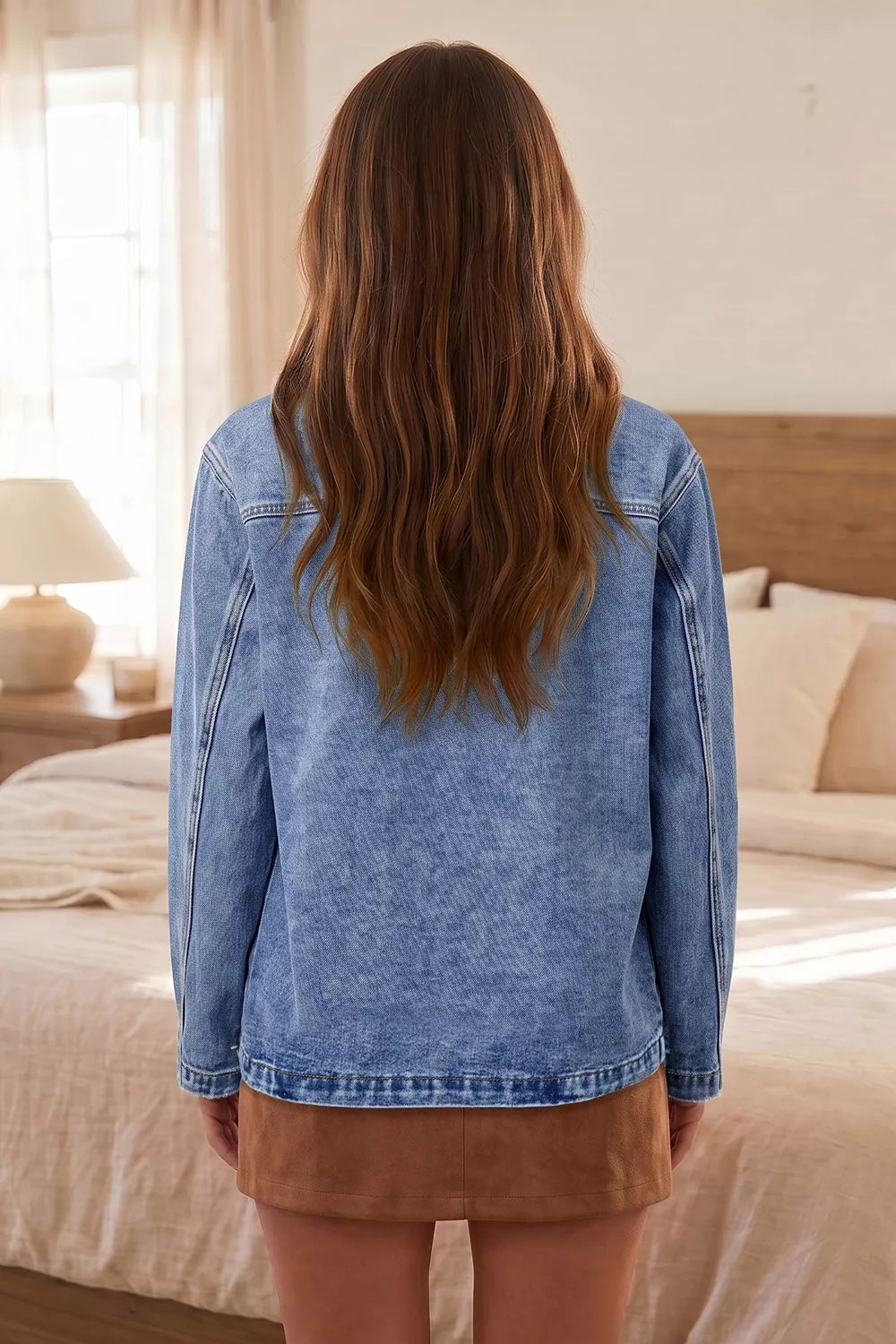 Patchwork Leather Collar Long Sleeve Denim Jacket Secondary image