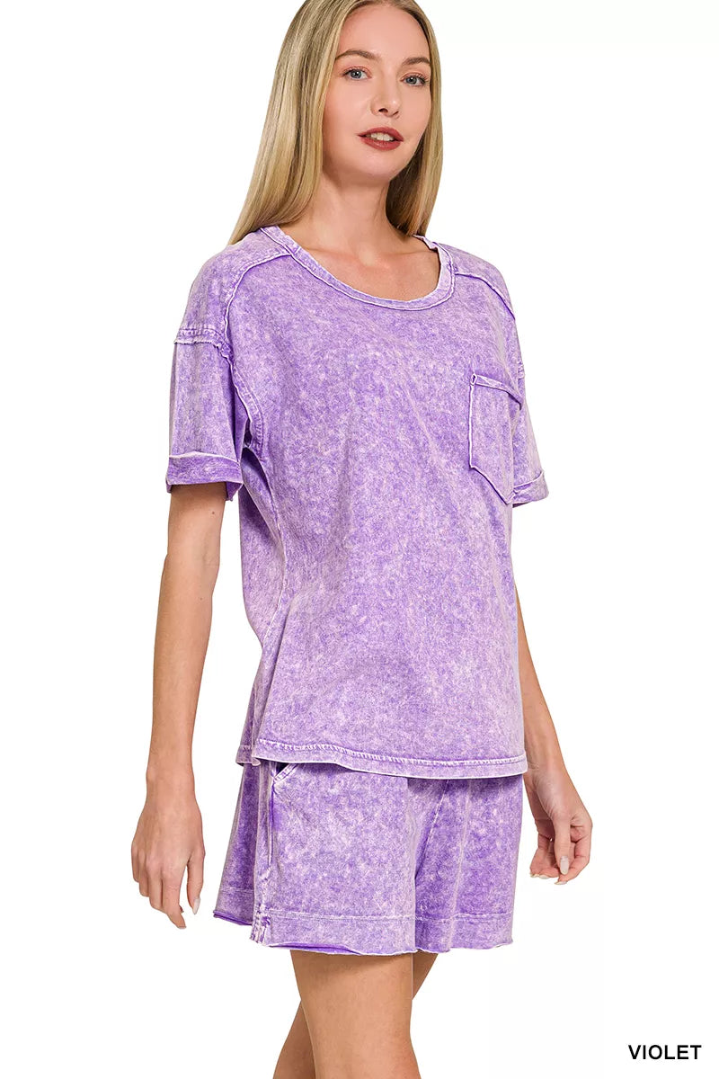 Zenana Halo Snow Washed Exposed Seam Top & Shorts Set Secondary image