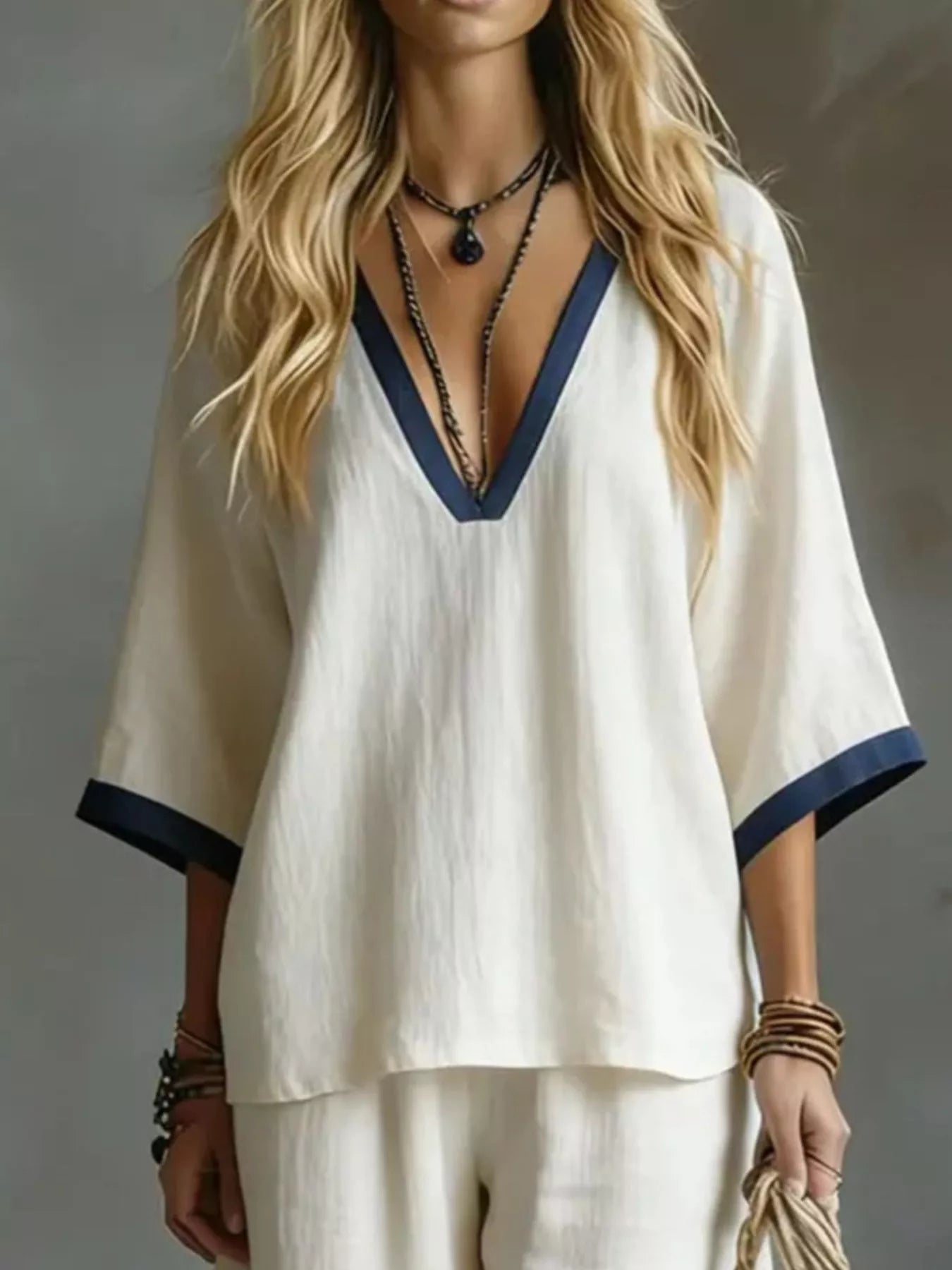 Full Size Contrast Trim V-Neck Top and Pants Set Plus Size Secondary image