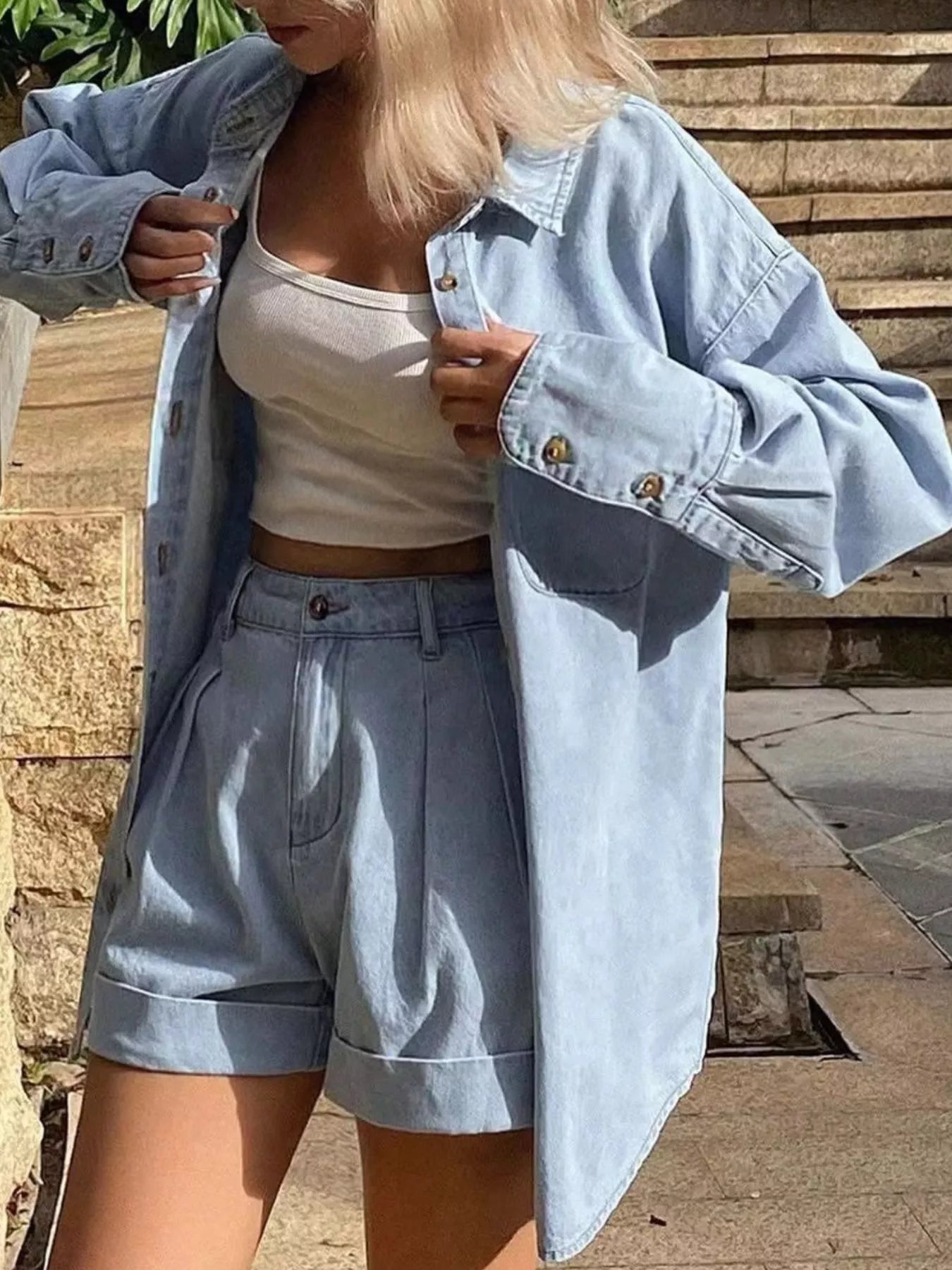 Button Up Long Sleeve Shirt and Shorts Denim Set Secondary image