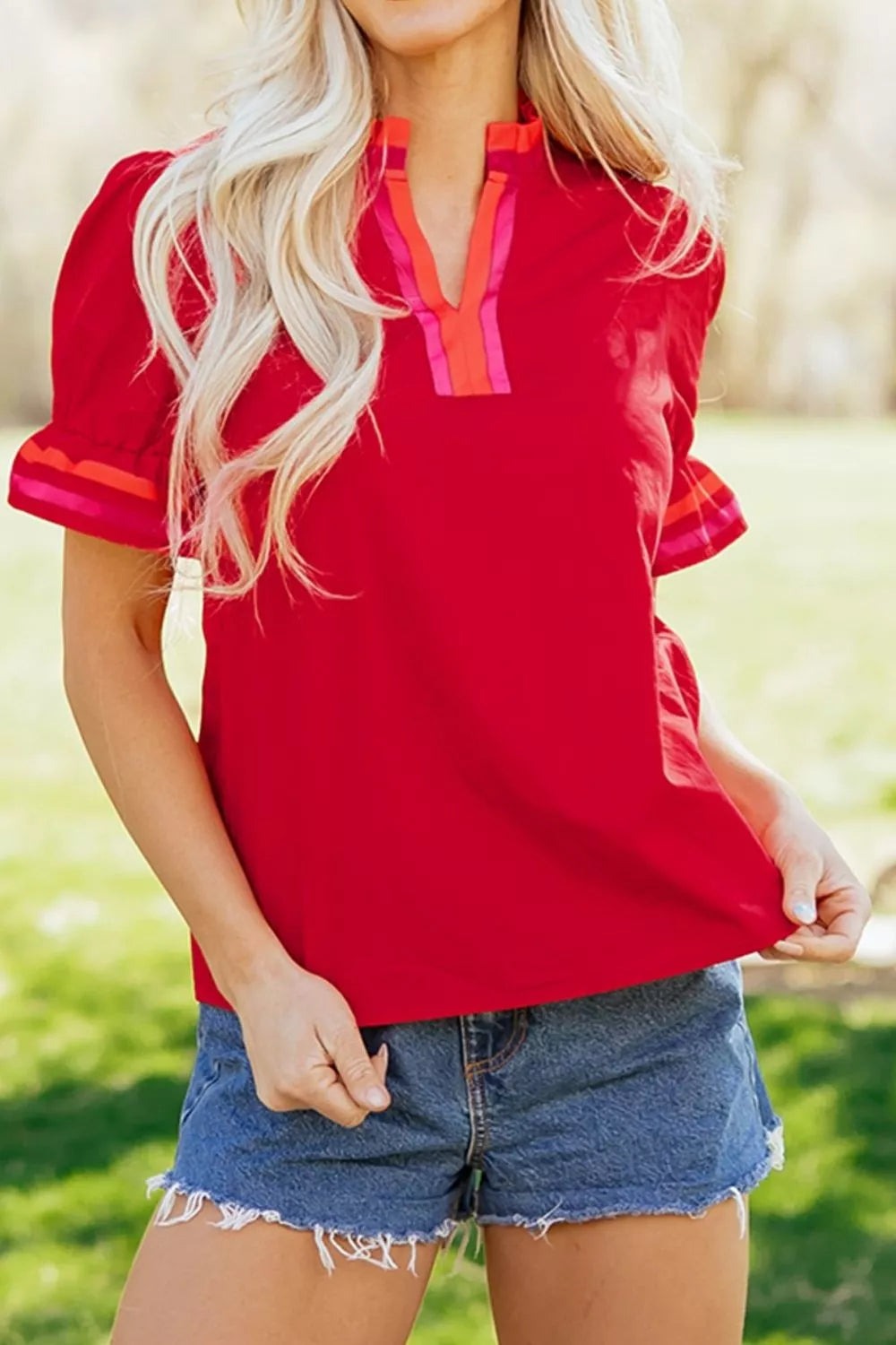 Ruffled Sleeve Notched Blouse with Striped Detail Secondary image