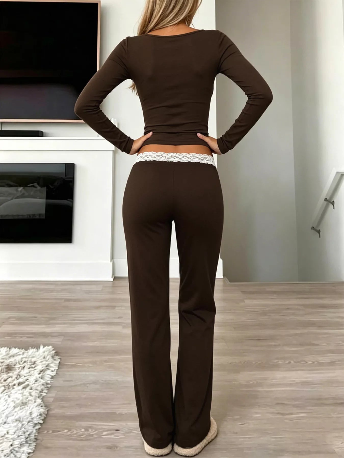 Long Sleeve Lace Trim Crop Top and Wide Leg Pants Set Secondary image
