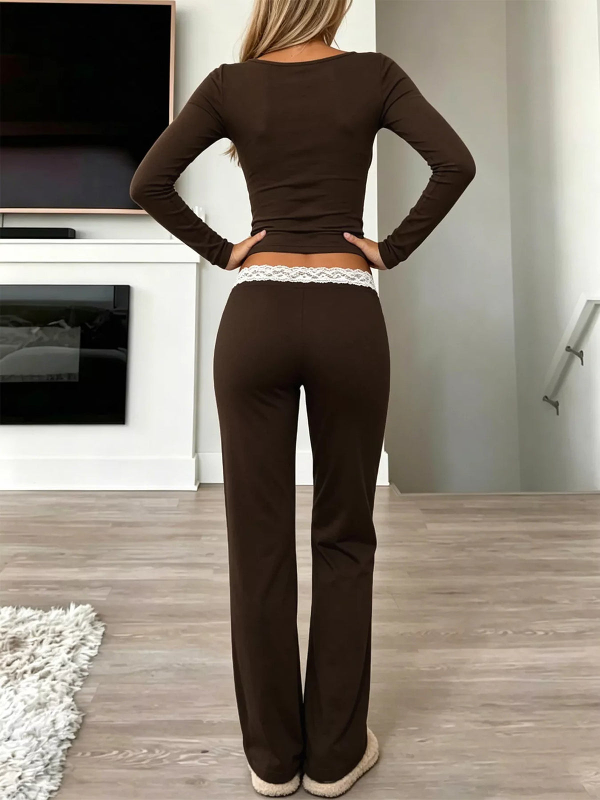 Long Sleeve Lace Trim Crop Top and Wide Leg Pants Set - photo 2