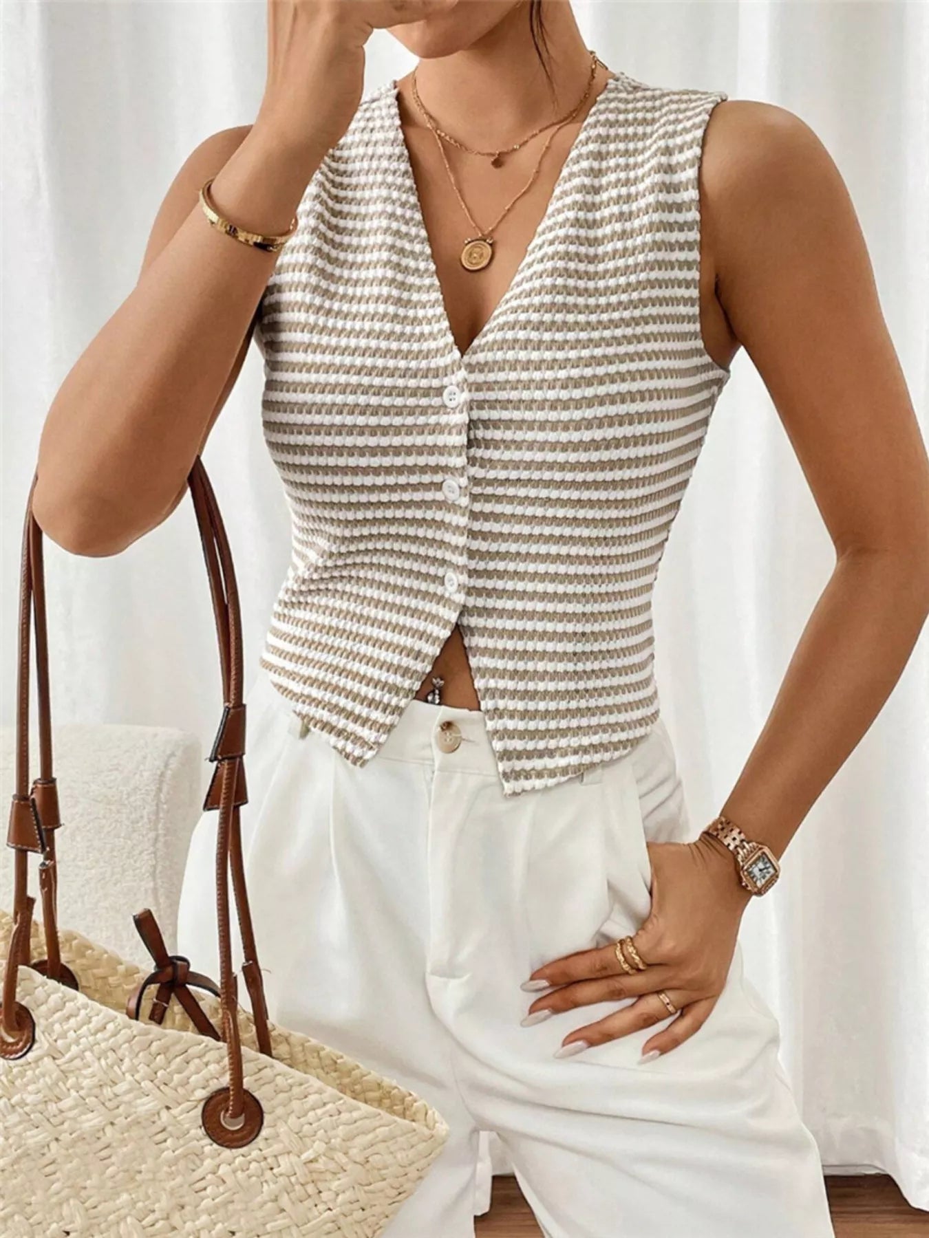 Striped Knit V-Neck Vest Secondary image