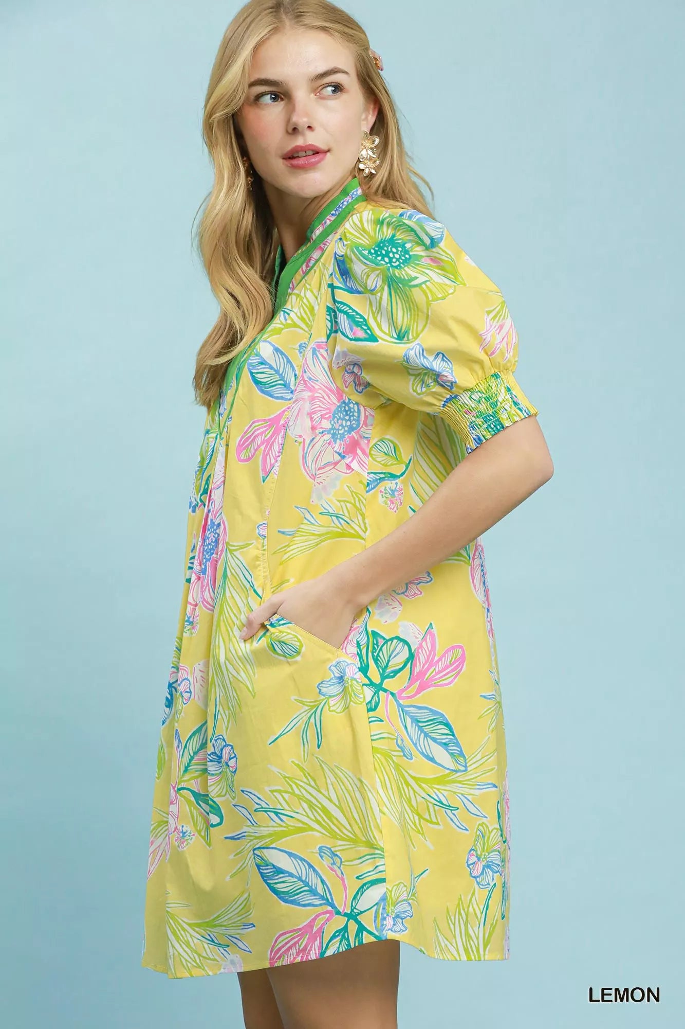 Umgee Botanical Print Dress with Smocked Cuffs Secondary image
