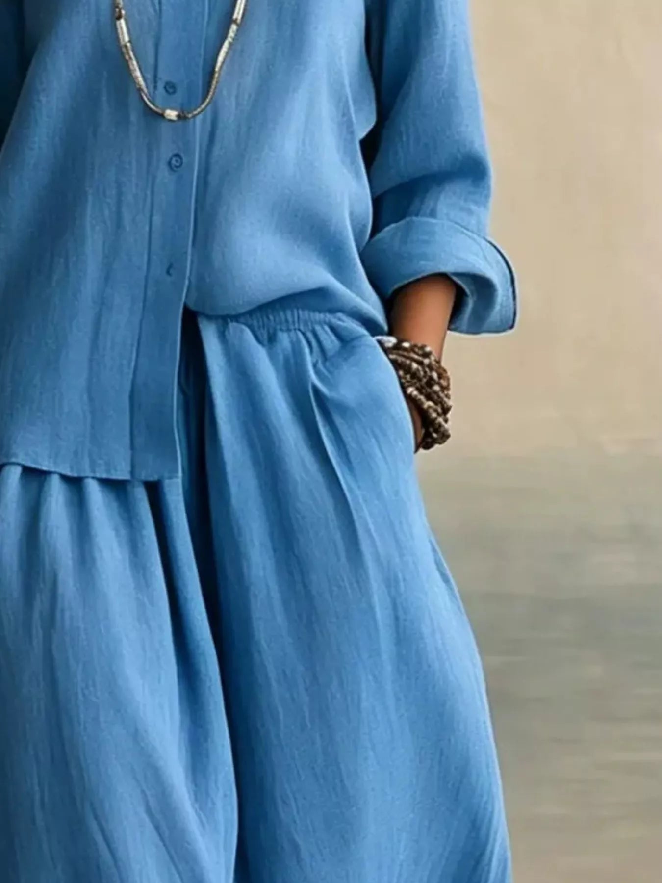 Full Size Button Up Shirt and Wide-Leg Pants Set Plus Size Secondary image