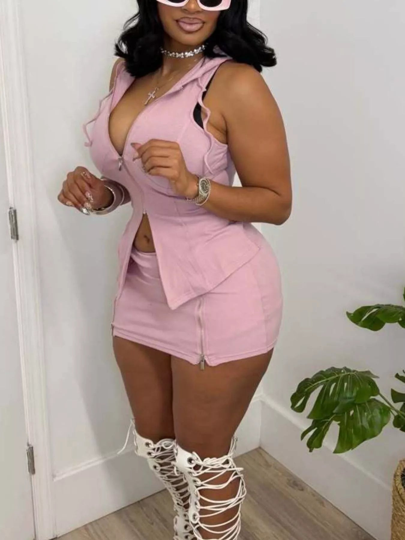 Hooded Zippered Sleeveless Top and Skirt Set Secondary image