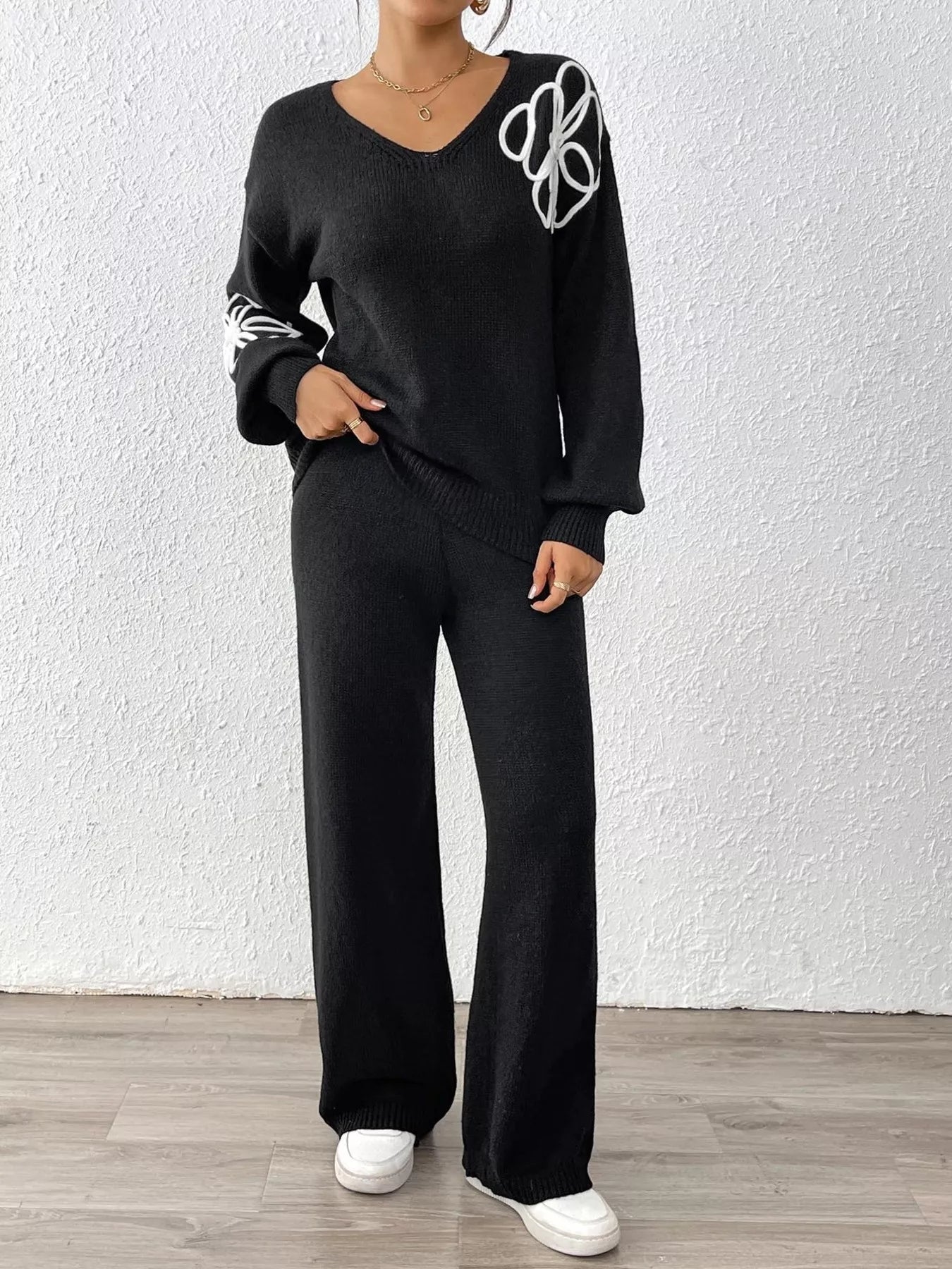 V-Neck Dropped Shoulder Top and Pants Sweater Set Secondary image