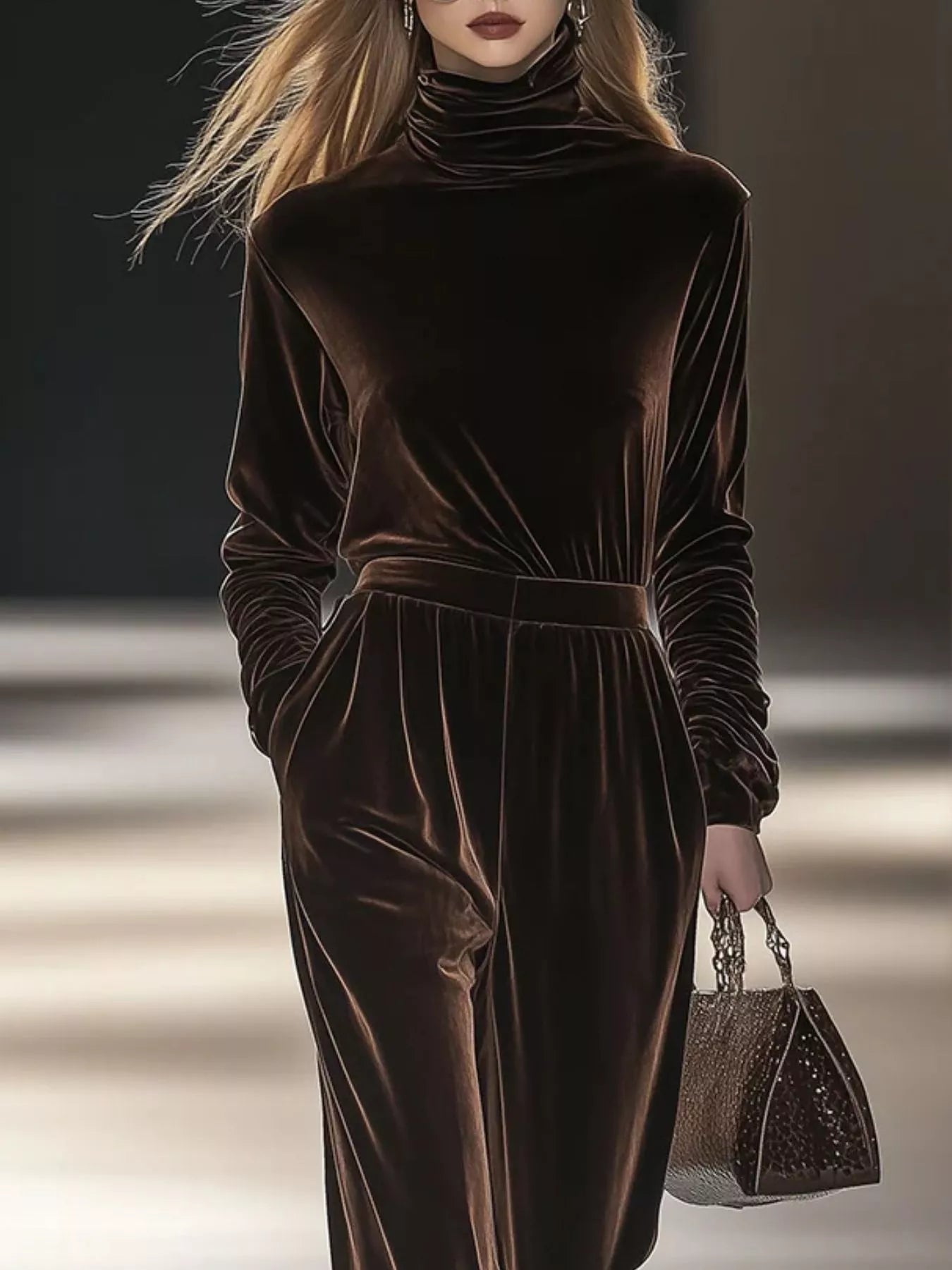 Full Size Velvet Turtleneck Long Sleeve Top and Wide-Leg Pants Set Plus Size Secondary image