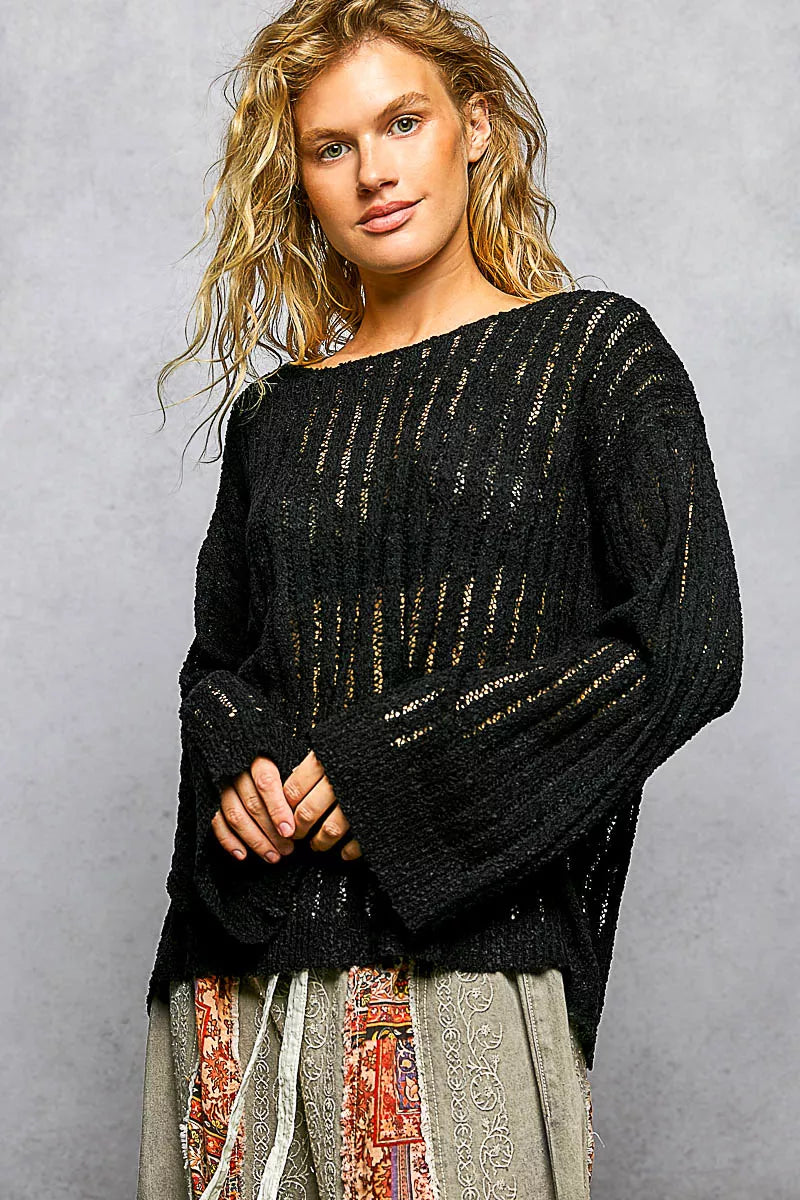 POL Round Neck Long Sleeve Open Weave Sweater Secondary image
