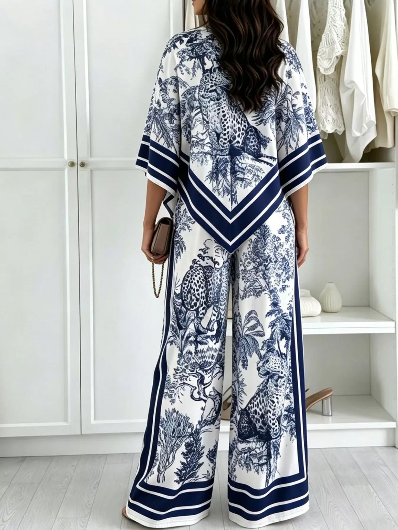 Asymmetrical Printed Top and Wide-Leg Pants Set Secondary image
