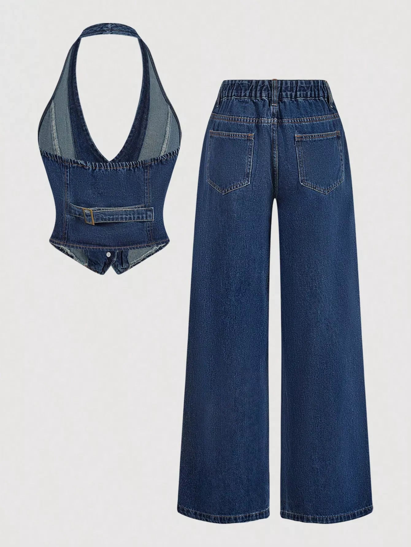 Halter Neck Denim Vest and Wide-Leg Jeans Set Secondary image