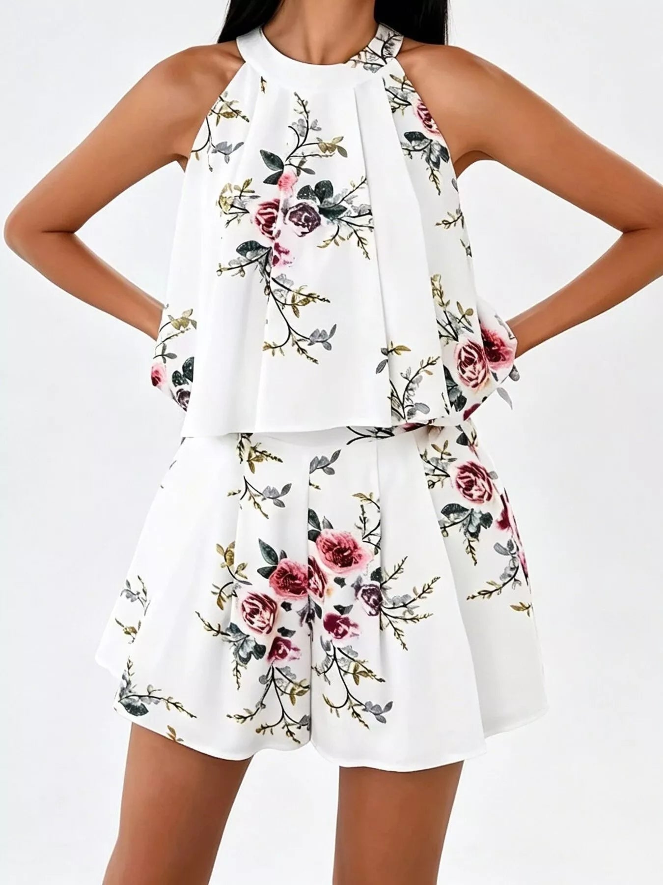 Full Size Floral Print Halter Neck Tank Top and Pleated Shorts Set Plus Size Secondary image