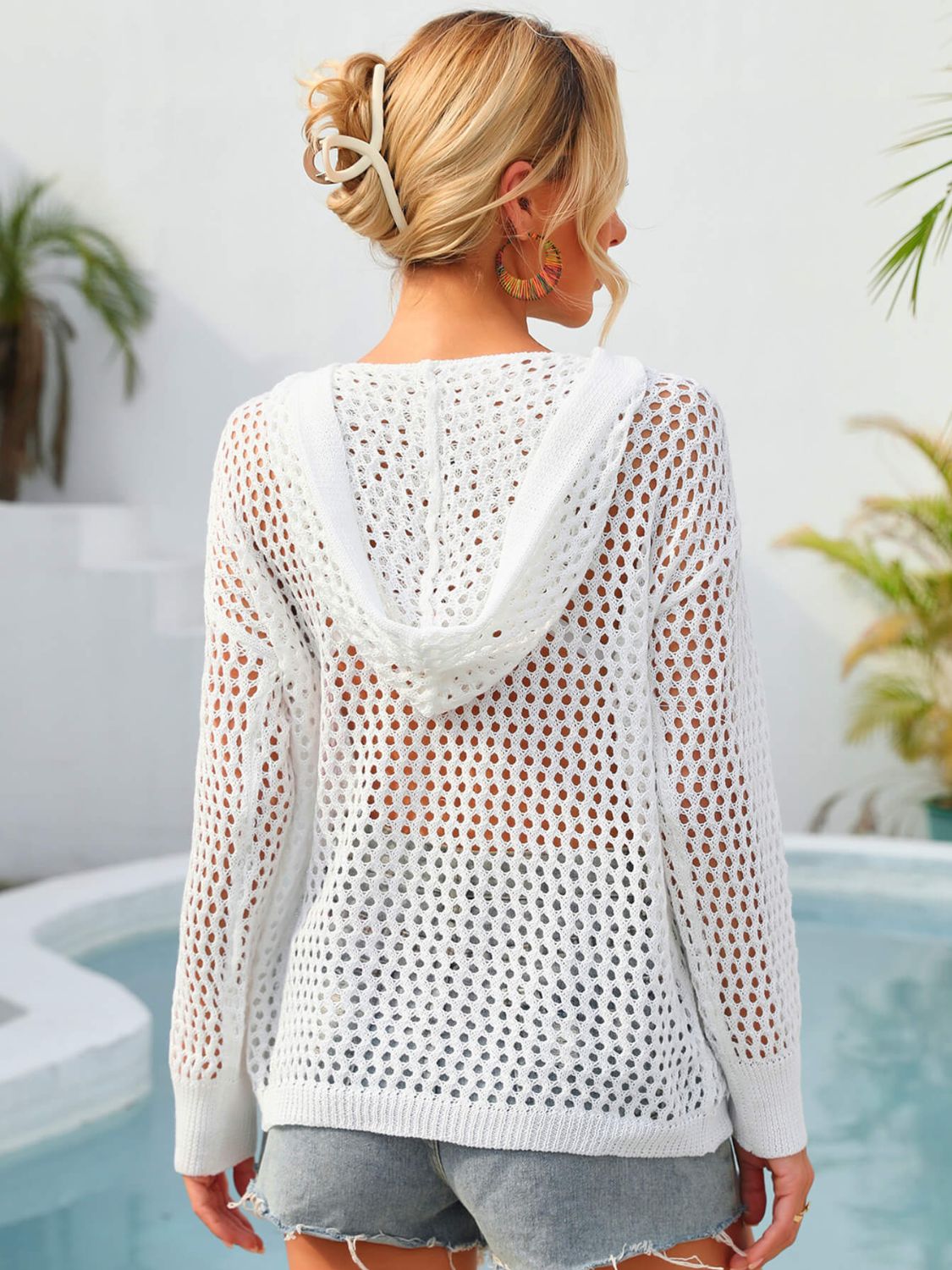 Angel Wings Flower Graphic Lace-Up Openwork Hooded Cover Up Secondary image