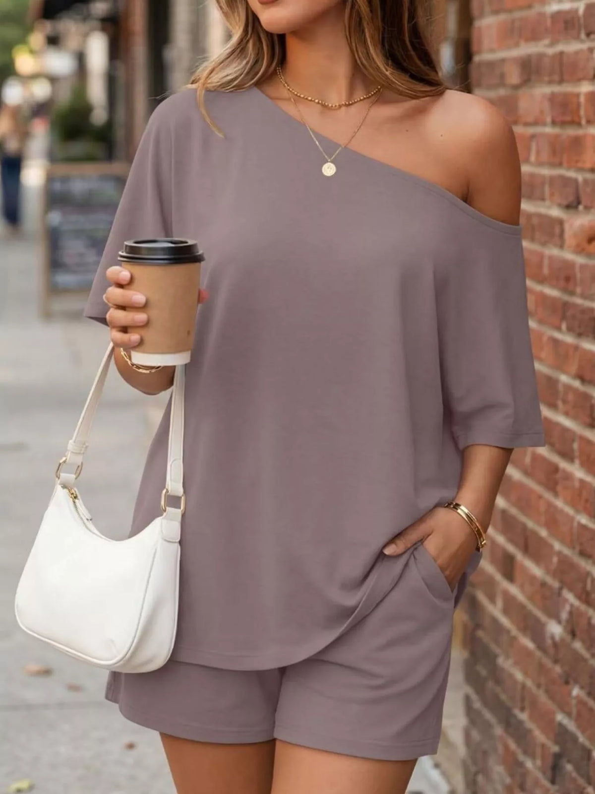 One-Shoulder Short Sleeve Top and Shorts Set - photo 13