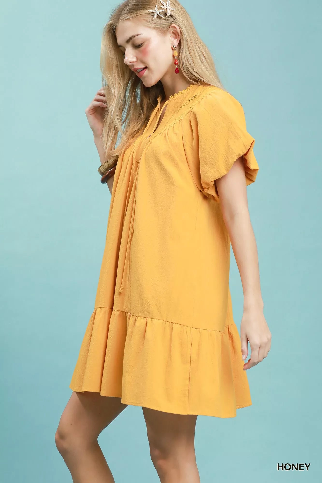 Umgee Flutter Sleeve Tassel Tie Ruffle Hem Mini Dress Secondary image