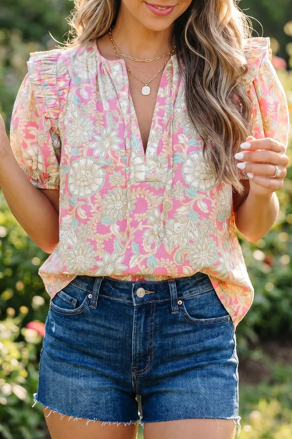 Tie V Neck Floral Short Puff Sleeve Blouse Secondary image