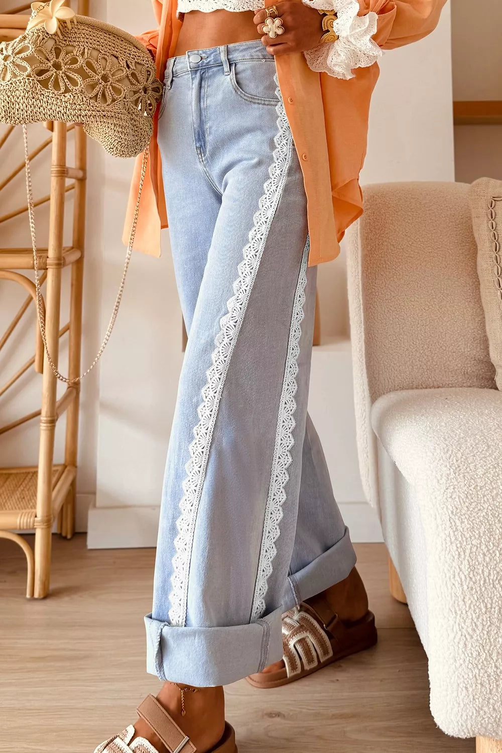 Light Wash Lace Trim Wide Leg Jeans Secondary image